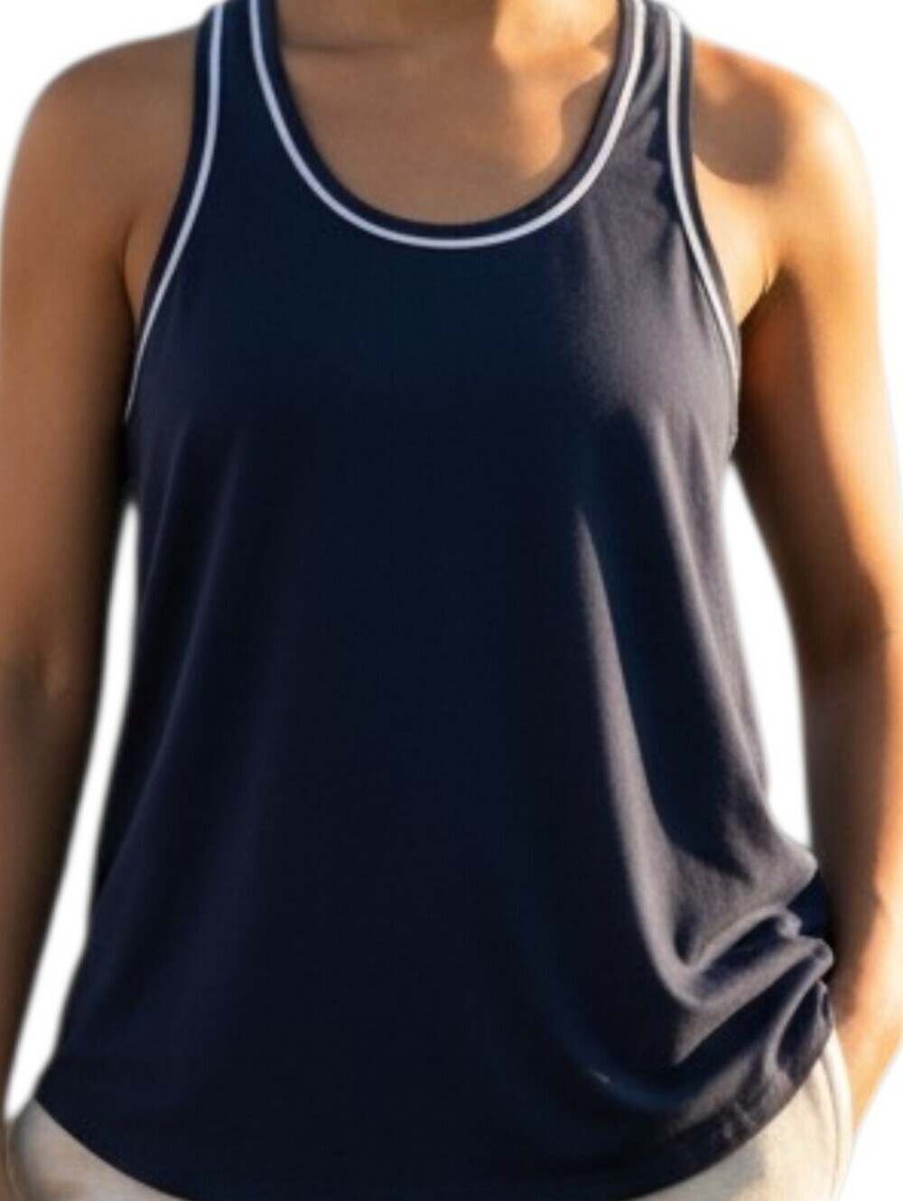 Joie Navy 100% Silk Racerback Blouse with White Trim - Picture 3 of 7